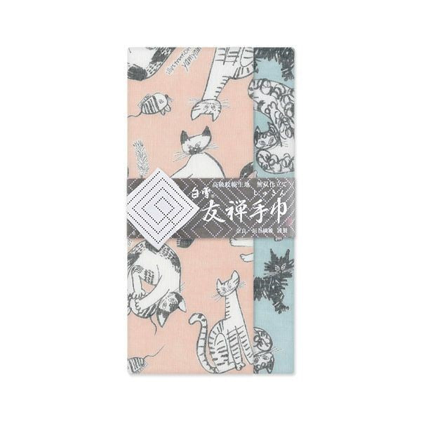 【正方形の大判はんかち】白雪友禅手巾 「meow meow meow」 ベージュ/ブルー リバーシブル